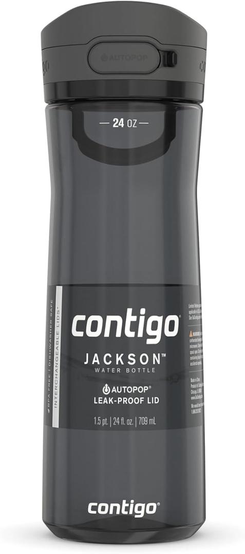 Contigo Jackson 2.0 Tritan Water Bottle with Leak-Proof AUTOPOP Locking Lid, BPA-Free Plastic, Dishwasher Safe, Licorice, 24 oz (709 mL)