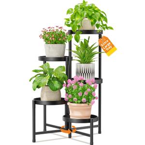 LASZOLA 5 Tier Large Plant Stand Indoor Tall with 10 Inch Metal Tray, Corner Folding Flower Display Rack, Modern Plant Holder Shelf for Outdoor Patio Porch Garden Office Living Room, Black