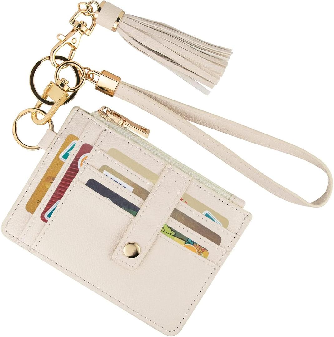 Small Wristlet Wallets for Women RFID Credit Card Holder Wallet Keychain Wristlet Wallet Credit Card Wallets for Women (Beige)