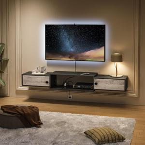 HOOBRO Floating TV Stand with Power Outlets 55", Modern Wall Mounted Media Console Shelf with Doors, Entertainment Center for Under TV Storage, for Living Room, Bedroom, Greige and Black BG11UDS01