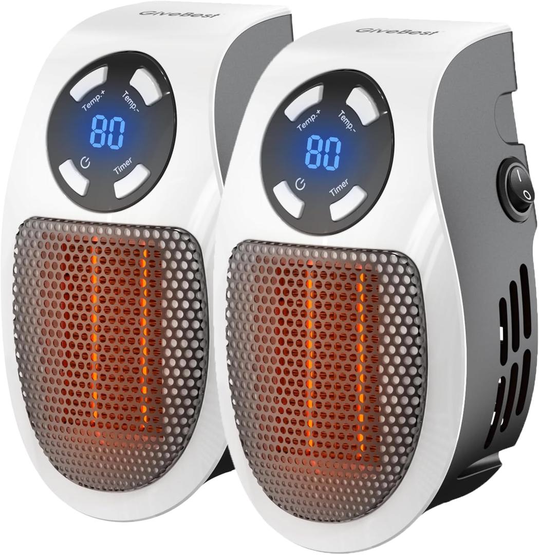 GiveBest 450 Watt Space Heater with LED Display, Wall Outlet Electric Heater with Thermostat and Timer for Home Office Bathroom Indoor Use, Small Plug in Heater, 2PC
