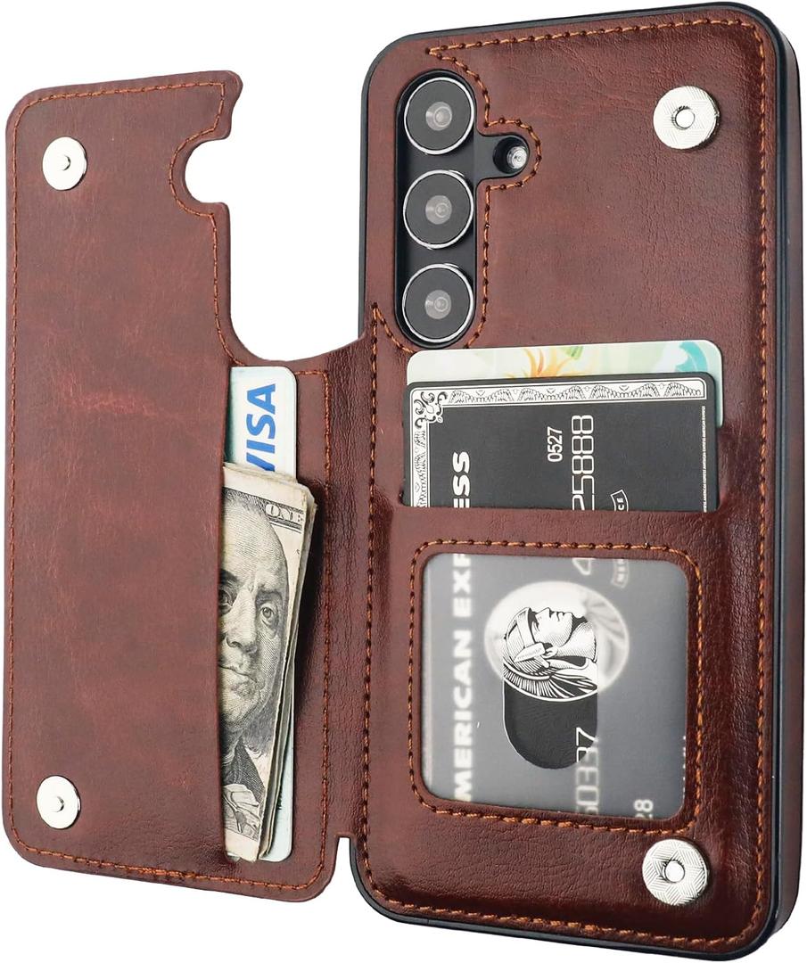 ONETOP Compatible with Samsung Galaxy S24 Wallet Case with Card Holder, PU Leather Kickstand Card Slots Case, Double Magnetic Clasp and Durable Shockproof Cover 5G 6.2 Inch(Brown)