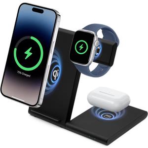 3 in 1 Foldable Wireless Charging Station for Apple Devices, 15W Fast Wireless Charger Stand for iPhone 16/15/14/13 /Plus/Pro/Pro Max/12/11, Apple Watch 10/9/8/7/Ultra2/Ultra/SE, AirPods 4/3/2/Pro