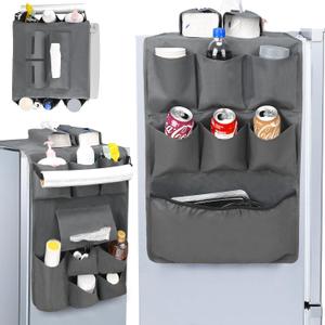 Fridge Organizer of Dorm Room Essentials for Girls and Guys, Mini Fridge Caddy for Dorm, Small Refrigerator Hanging Organizer with 15 Storage Pockets for College Apartment, Office, Home, Gray