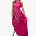 One Shoulder Ruched Bridesmaid Dressses for Women Pleated Satin Maxi Formal Evening Dress, S/M