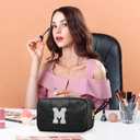 Puffy Makeup Bag for Women, Initial Cosmetic Bag, Cute Travel Toiletry Bag, Puffer Make Up Organizer Bags with Compartments, Personalized Gifts for Girlfriend Bridesmaid Teacher Graduation (Black, M)