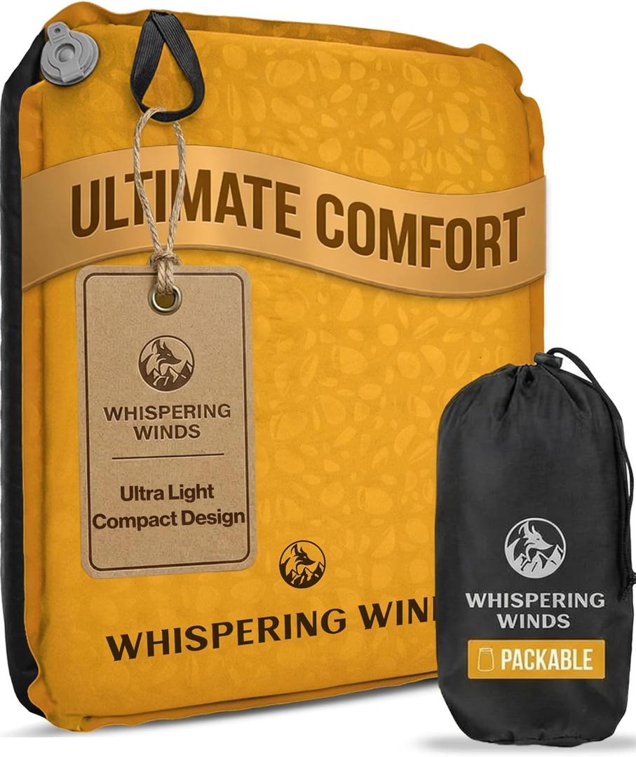 Whispering Winds Inflatable Seat Cushion - Comfortable Blow-up Foam Pad for Airplane, Travel, Stadium, Outdoors, Camping, Car & More (Large, Dark Gold - 1pack)