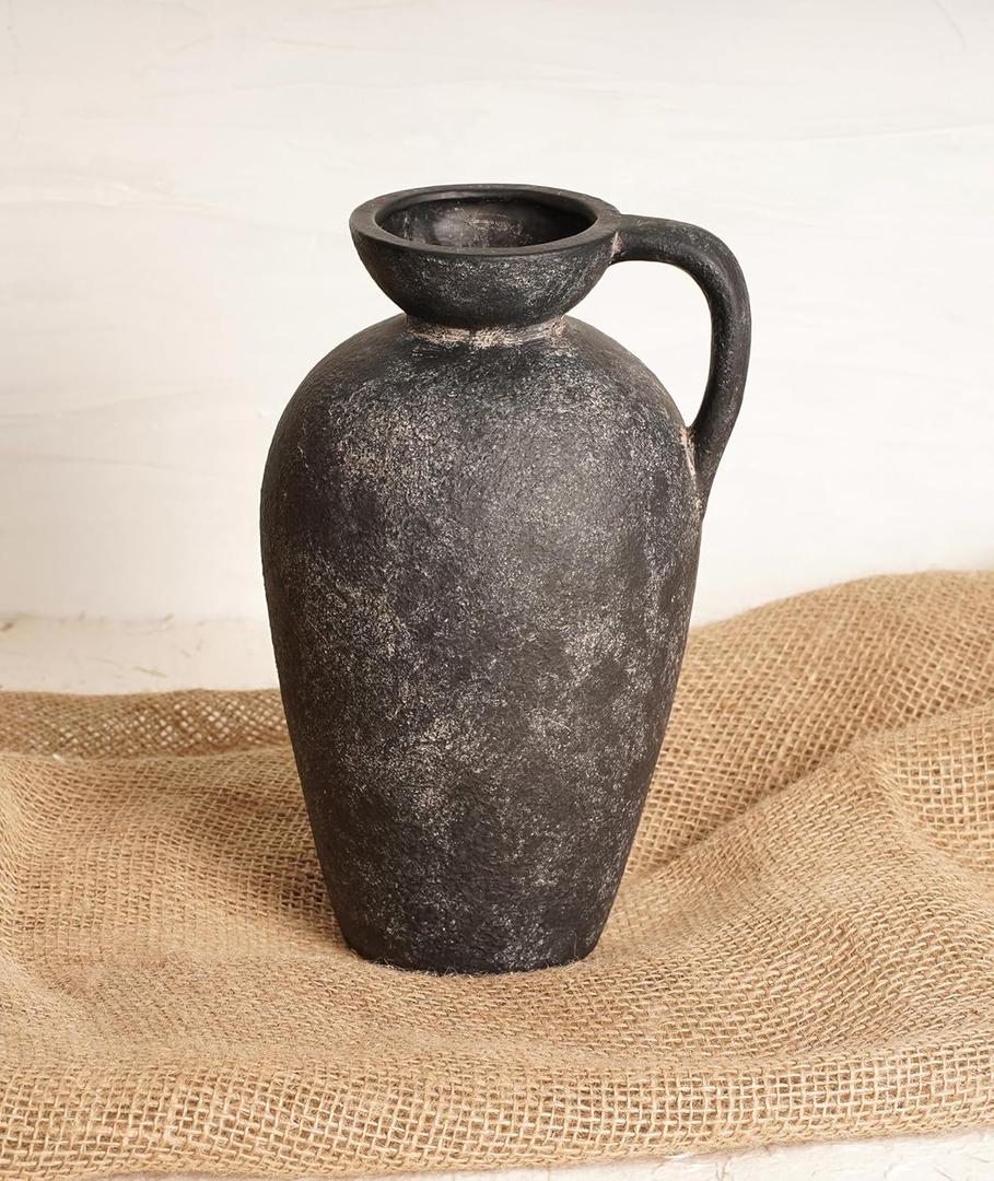 Terracotta Vase with Handle, Black Boho Ceramic Pottery 10inch, Farmhouse Unique Textured Round Jug, Rustic Vintage Decorative Vases for Flowers, Centerpieces, Living Room. (Roman)