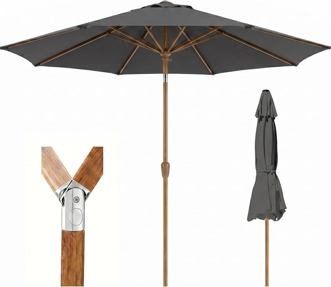 9ft Outdoor Patio Umbrella, Market Table Umbrella with Crank and Easy Push Button Tilt, Wood Grain Frame, UPF 50+ for Pool, Garden, Deck, Backyard