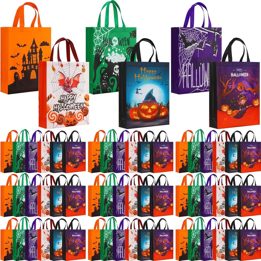 Paterr 72 Pcs Halloween Tote Gift Bags 14.96 x 11.8'' Large Trick or Treat Bags Non Woven Candy Treat Goody Reusable Tote for Halloween Party Supplies