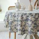 Pastoral Round Tablecloth - 60 Inch Dia. - Beige Linen Table Cloth - Washable Table Cover with Dust-Proof Wrinkle Resistant for Restaurant, Picnic, Indoor and Outdoor Dining, Floral (Dark Blue)