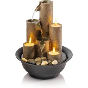Alpine Corporation WCT202 Indoor Tabletop Tiered Water Fountain Featuring 3 Candles for Desktop and Table, 11", Brown