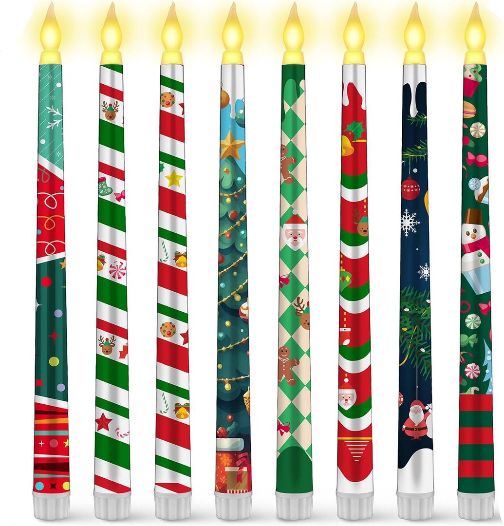 8 Pcs Christmas Flameless Taper Candles with Remote & Timer Christmas Battery Flameless Candles Xmas LED Candlesticks Flickering Real 3D Real Wax Candle for Holiday Party Favour Home Decor