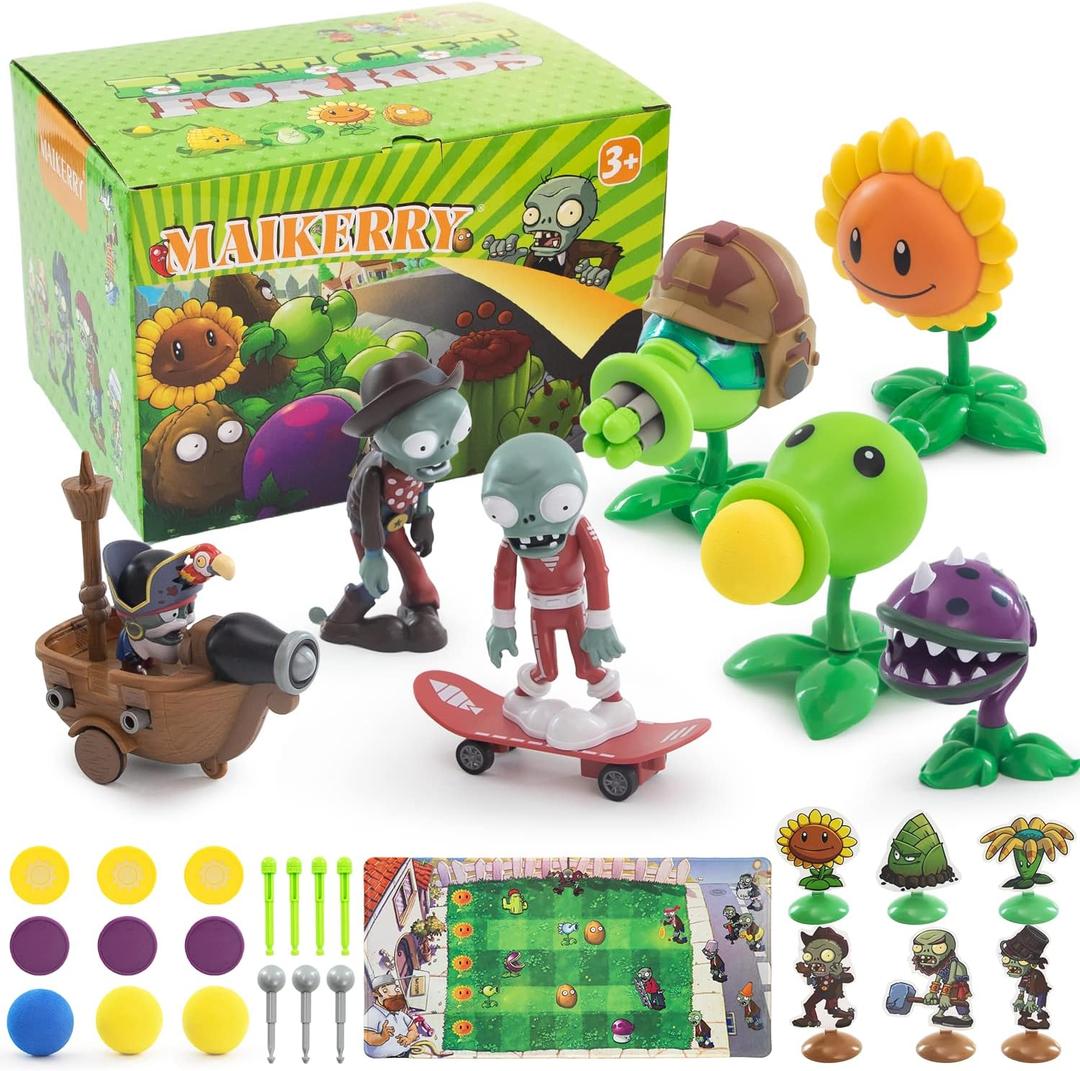Maikerry 7pcs PVZ Figurines Set Plants Toys Game Great Birthday Christmas for Boys and Girls -with Battlefield Map