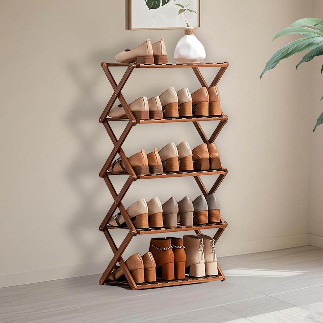 Jessie Bamboo Shoe Rack,Free Standing Shoe Rack for Closet,Portable Folding Shoe Storage Rack, Space Saving,Shoe Shelf for Bedroom Entryway Hallway Closet Living Room (Brown-5 Tier), One Size
