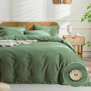 JELLYMONI Cotton Duvet Cover King Size - Green Comforter Cover with Button 100% Washed Cotton 3PCS Breathable Soft Solid Bedding Set Duvet Cover 10490in & 2 Pillowcases (NO Comforter)
