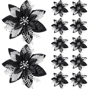 12 Pieces 5.7 Inch Christmas Poinsettia Flower Christmas Glitter Artificial Flower with Clips Xmas Tree Ornament for Wreath Garland Party Decor (Black,Silver)