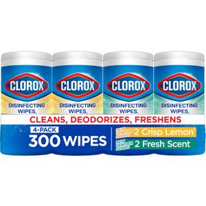 4 x Clorox Disinfecting Cleaning Wipes for Spring Cleaning & Allergy Season, Bleach Free, Fresh Scent and Crisp Lemon, 75 Count Each, Pack of 4