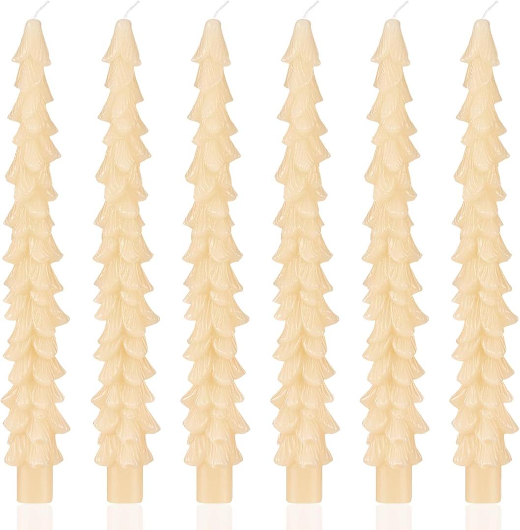 MTLEE 6 Pcs Christmas Tree Shaped Taper Candles Unscented Tree Candle Decorative Christmas Tree Candles Gift for Christmas Kwanzaa Festival Celebration Decor (10 Inch, Ivory)