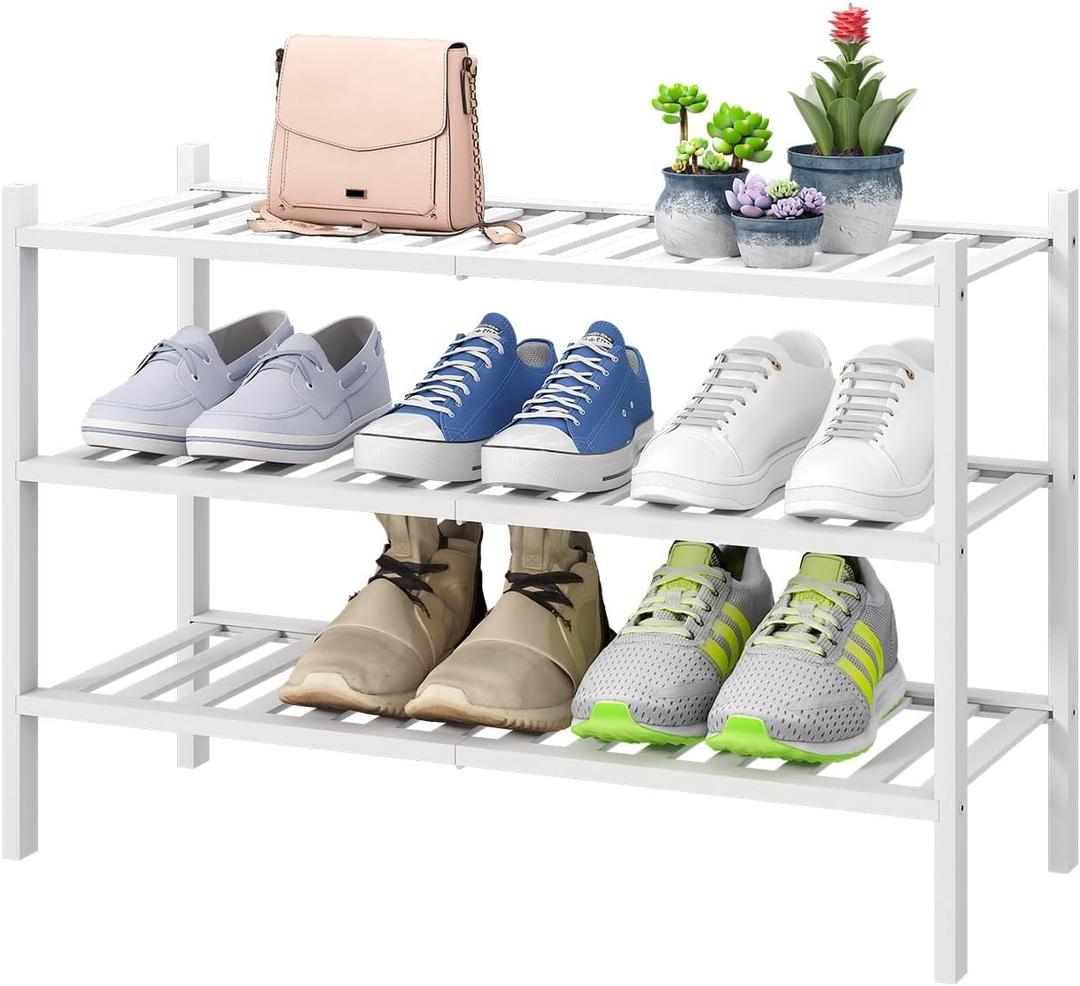 viewcare White Shoe Rack, 3-Tier Bamboo Wood Shoe Rack for Closet, Entryway & Hallway, and Stackable Shoe Shelf Storage Organizer for Indoor and Outdoor