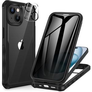 CENHUFO Privacy for iPhone 15 Case, Full Body Phone Case with Built-in 9H Tempered Glass Privacy Screen Protector and Camera Lens Protector, Anti Peep Spy Shockproof Bumper Clear Cover - Black
