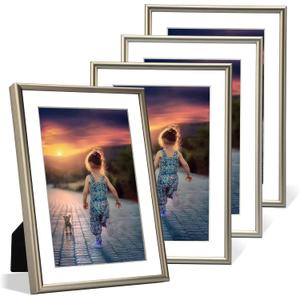 4x6 Picture Frame Set of 4, Matted Champagne Simple Modern Brushed Thin Aluminum Metal Photo Frame Fits 3x5 with Mat or 4 x 6 without Mat Vertical and Horizontal for Tabletop and Wall Mounting