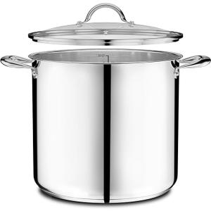 Stainless Steel Stockpot with Tempered Glass Lid 21.5 Quart, Durable 18/0 Stainless Steel, Impact-Bonded Base for Even Heating, Riveted Handles, Oven & All Stove Compatible