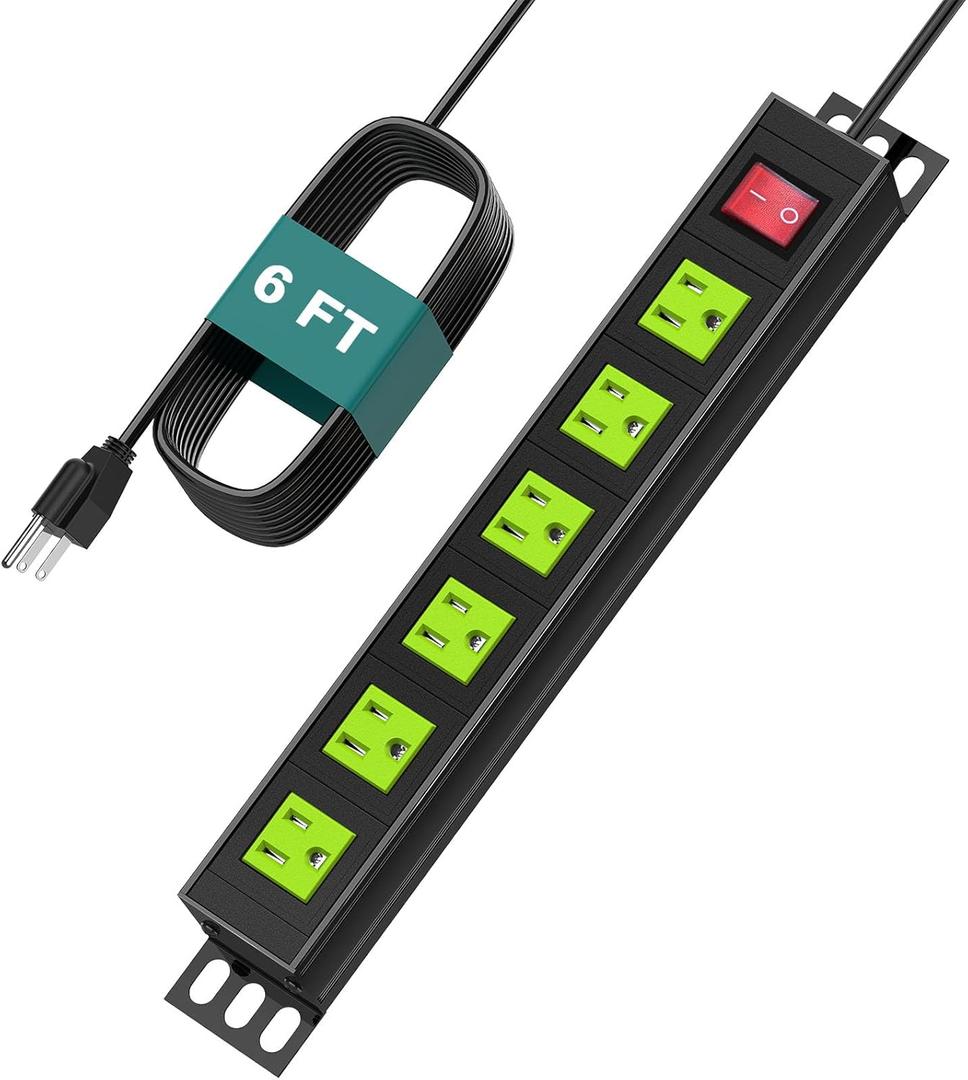 QBA 6 Outlet Metal Power Strip, Heavy Duty Wide Spaced Power Strip, Mountable Power Strip for Home Office Garage Workshop, 6FT Extension Cord, 125V 15A 1875W, Green