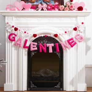 HunnmingRe 2 Pcs Pre Strung Happy Galentine's Day Banner, Galentine's Day Decorations, Hanging Pink Heart Felt Garlands Pompom Banner, Indoor Valentines Party Supplies for Home Wall Decor