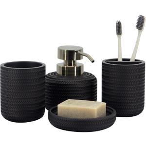 ZCCZ Black Bathroom Accessories Set 4 Pcs - Toothbrush Holder, Soap Dispenser, Vanity Tray, Tumbler - Countertop Organizer for Bathroom - Modern Accessory Set for Home Decor and Storage (Black 4pcs)