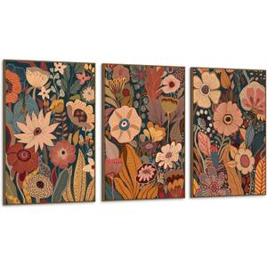 Burnt Orange Boho Floral Framed Canvas Wall Art, 3 Pieces Mid Century Vintage Botanical Wall Decor, Wildflower Artwork Neutral Plant Art Prints for Living Room Bedroom Hallway Office, 16x24In