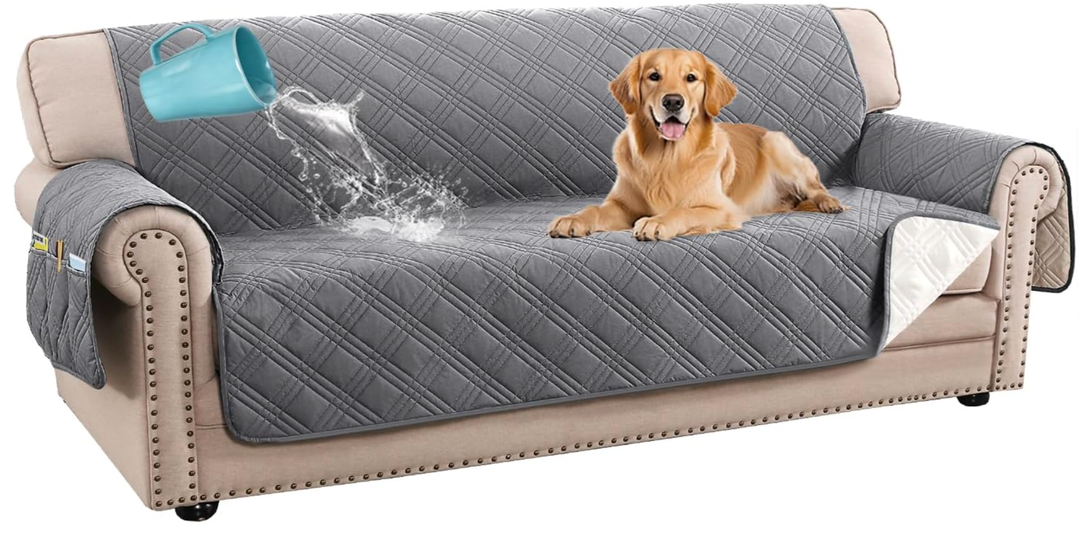 H.VERSAILTEX 100% Waterproof Couch Covers for 3 Cushion Couch Sofa Modern Sofa Slipcovers with Elastic Straps Thick Soft Furniture Protector Pet Friendly(Sofa, Grey/Beige)