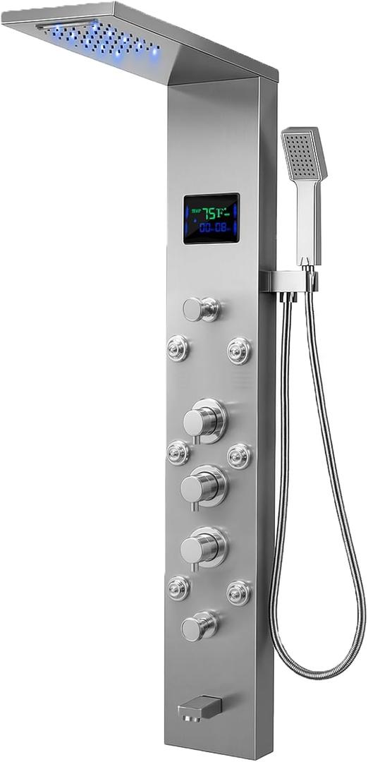 Shower Panel Tower System with Rainfall Waterfall Head and Adjustable Massage Body Jets LED Fahrenheit Temperature Display Handheld Sprayer Stainless Steel Nickel and Chrome Wall Mount Shower Panels
