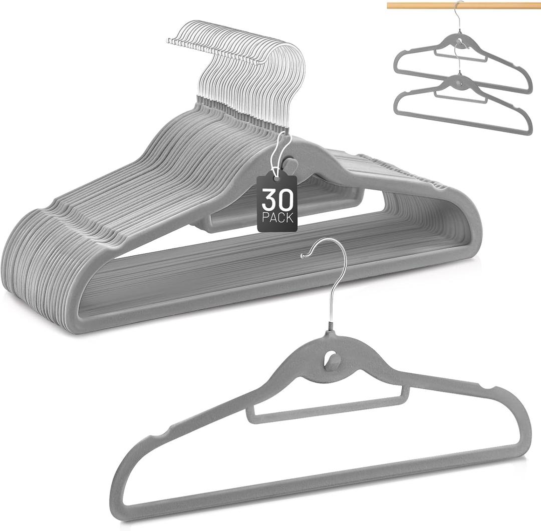 Velvet Stackable Hangers 30 Pack, STOPKLAS Grey Clothes Hangers Non Slip Felt Hanger with 360 Swivel Hook, Thin Hangers Space Saving, Heavy Duty Closet Hanger for Clothes, Coats, Suits, Dress, Pants (Gray)