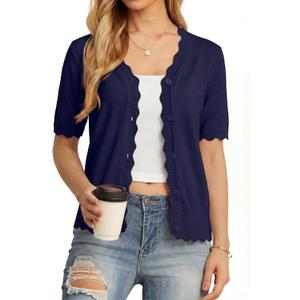 GRECERELLE Summer Short Sleeve Cardigan for Womens Lightweight Cropped Knit Sweater Shrug (Large, Navy Blue)