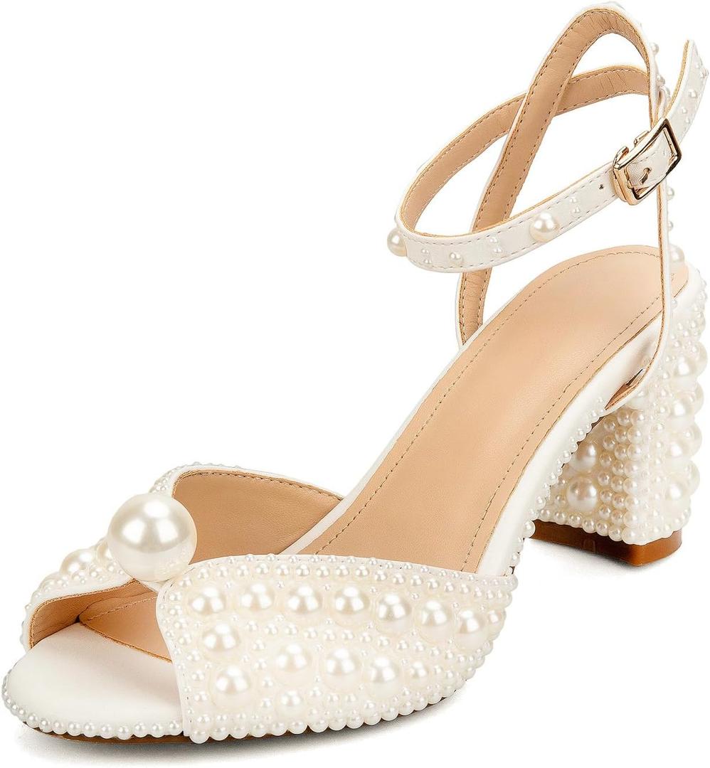 Goolita Pearl Heels For Women Mid Block Ankle Strap Heeled Sandals Round Open Toe Party Evening Bridal Shoes For Wedding, 8