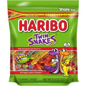 2 x HARIBO Gummi Candy, Twin Snakes Sweet & Sour Gummy Candy, 8.3 Ounce Resealable Share Size Stand Up Bag, Soft & Chewy Snacks, Assorted Fruity Flavors (EXP 06/01/27)