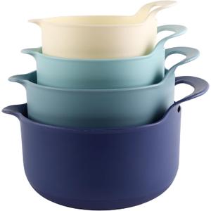COOK WITH COLOR Nesting Plastic Mixing Bowl Set with Pour Spouts and Handles, Ombre Blue, 4 Piece Non-Slip