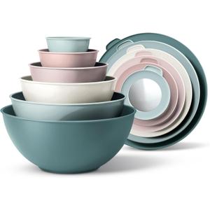 COOK WITH COLOR Mixing Bowls with TPR Lids - 12 Piece Plastic Nesting Bowls Set includes 6 Prep Bowls and 6 Lids, Microwave Safe (Teal)