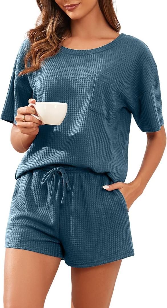 PrinStory Pajamas Set for Women Waffle Knit Lounge Set 2 Piece Outfits Loungewear Sweatsuit with Pockets (Blue, M)