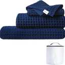 Luxury Organic Japanese Cotton Waffle Bath Towel | Thick, Absorbent, Quick Dry Bathroom Towels for Shower, Sauna, Onsen| Hotel & Spa Quality, Gift-Ready (Ocean Blue, Complete Set (4-Piece))