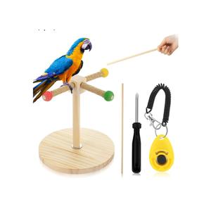 Cunno 3 Pcs Bird Training Stand Kit, Parrot Training Clicker Portable Tabletop Bird Perch and Target Stick, Wooden Spin Perch Clickers with Wrist Strap for Parakeet Conure Lovebird Cockatiel (Spin)