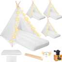 Sleepover Tents for Kids Party, 4-Set Teepee Tent for Kids Slumber Party Tents with Inflatable Airbed, Light String, Washable Tent Natural Cotton Toddler Play Bed Tent for Boys Girls (White) (air Pump Included)