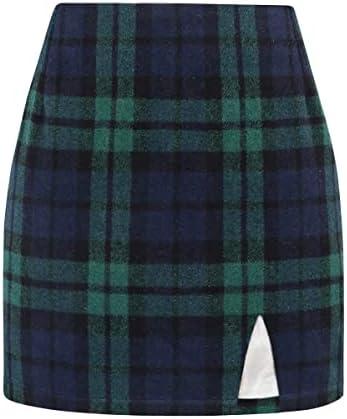 Plaid Mini Skirts for Womens High Waisted Fall Winter Wool Bodycon Pencil Skirts with Slit, XS