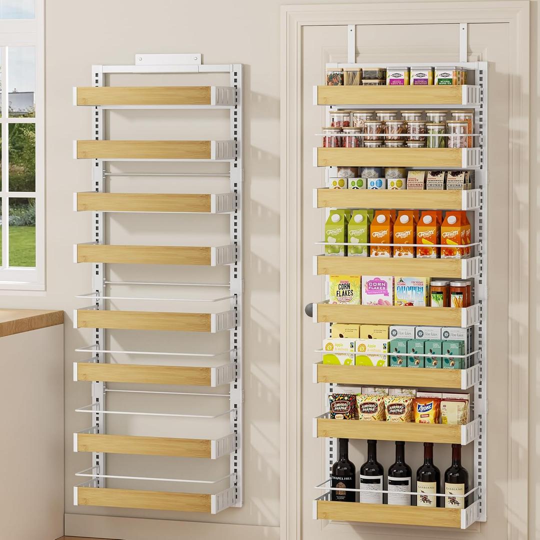 8 Tier Over The Door Pantry Organizer, 2 IN 1 Wall Mount or Hanging Spice Rack Seasoning Shelves with Adjustable Basket, Back of Door Organizer and Storage for Kitchen Cabinet and Room Closet (8 Tiers, White)