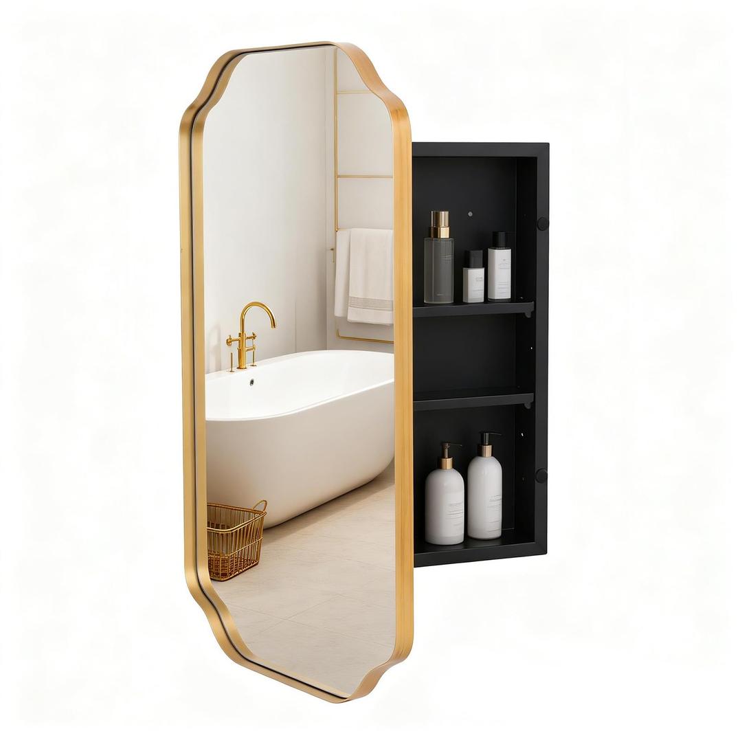 VIWILII Gold Metal Medicine Cabinet French Design,Bathroom Mirror with Storage, Recessed or Surface Mounted, 2 Adjustable Metal Shelves (Brushed Gold, 24x32)
