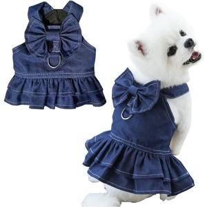 ANIAC Denim Dog Dresses for Small Dogs Puppy Girl Clothes with Leash Ring and Cute Bow Knot Summer Cat Apparel with D-Ring Blue Girl Dog Clothes (DAR Blue,Large)
