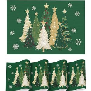 Artoid Mode Green Xmas Trees Vinyl Christmas Placemats Set of 4, 12x18 Inch Washable Plastic Non-Slip Woven Winter Table Mats for Party Kitchen Dining Decor