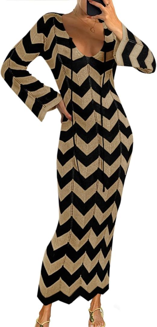 Saodimallsu Womens Striped Bodycon Beach Dress V Neck Tie Front Bell Sleeve Crochet Cover Up Vacation Long Dresses (Large, Khaki)