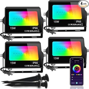 4 Pack RGB LED Flood Light with Stake, Outdoor DIY Color Changing Stage Party Lights 150W Equivalent 2700K-6500K White Light Dimmable RGB Colored Spotlighs Uplight for Events by App Control